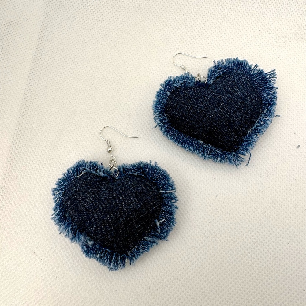 Denim Heart Earrings Handcrafted Embroidered Silver Tone Hypoallergenic - Picture 4 of 5